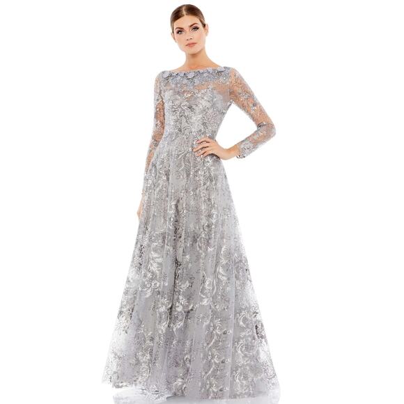 Mac Duggal 67498 Floral Embroidered Illusion Lace Gown Gray Sterling Size 6 NWT - Picture 1 of 10